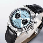 Sugess S438 ice blue chronograph, black sub-dials, black leather strap, angled studio product view