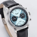 Sugess S438 ice blue chronograph, black sub-dials, black leather strap, dramatic angled view