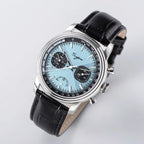 Sugess S438 ice blue chronograph, black sub-dials, black leather strap, three-quarter angled view