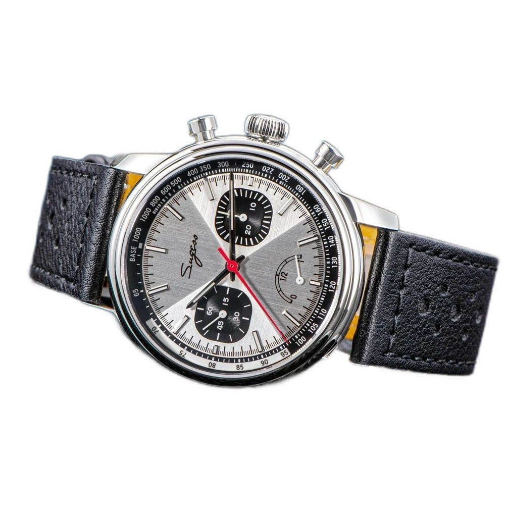 Sugess S438 hand-wind chronograph 41mm, ice blue dial, black sub-dials, brown perforated racing strap, front view