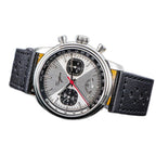 Sugess S438 hand-wind chronograph 41mm, ice blue dial, black sub-dials, brown perforated racing strap, front view