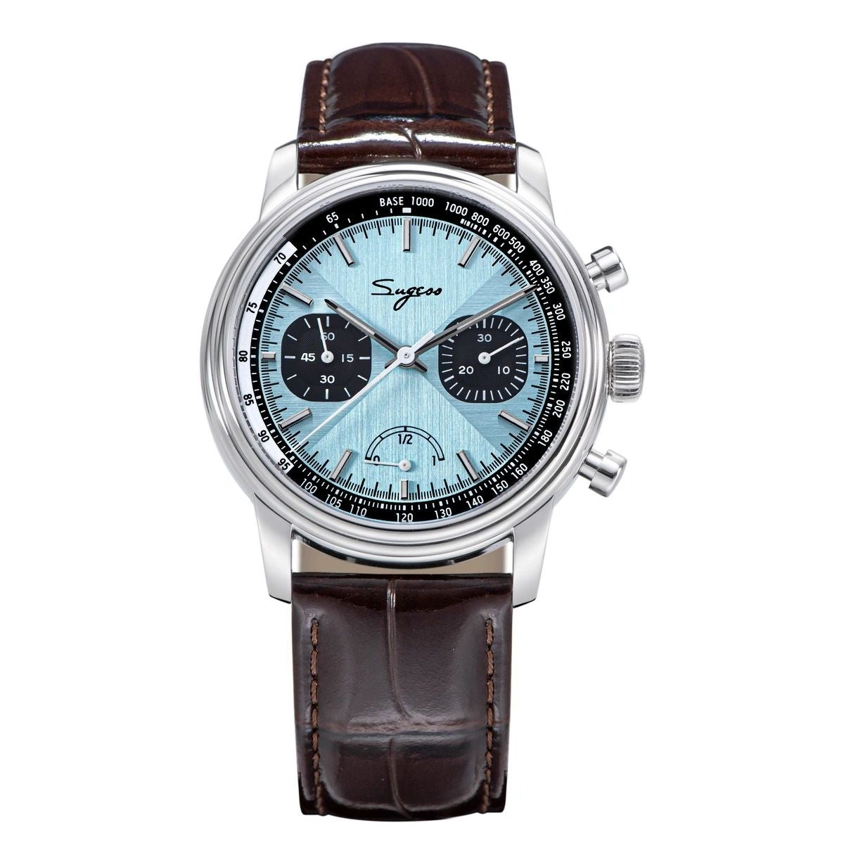 Sugess S438 hand-wind chronograph 41mm, ice blue dial, black sub-dials, tachymeter, brown leather strap, front