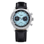 Sugess S438 hand-wind chronograph 41mm, ice blue dial, black sub-dials, tachymeter, black leather strap, front