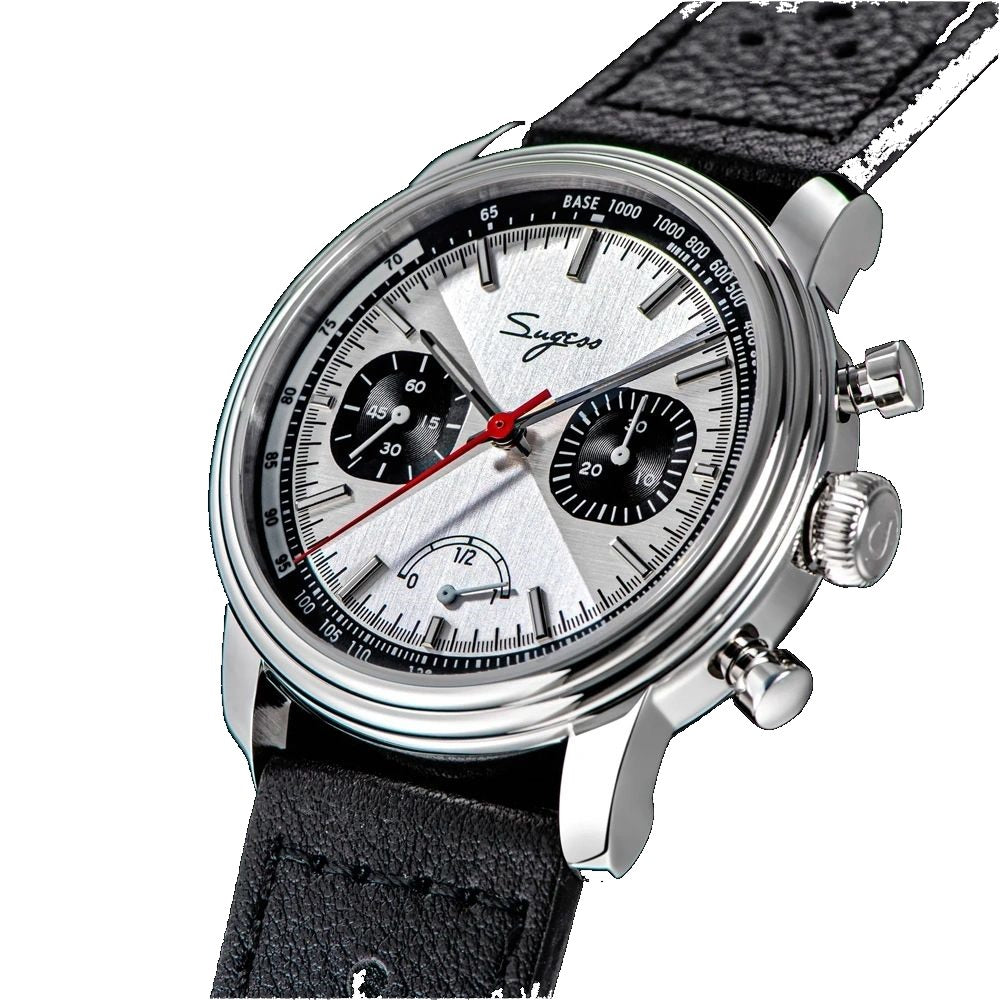Sugess S438 hand-wind chronograph 41mm, ice blue dial, black sub-dials, grey perforated racing strap, front view