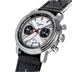 Sugess S438 hand-wind chronograph 41mm, ice blue dial, black sub-dials, grey perforated racing strap, front view