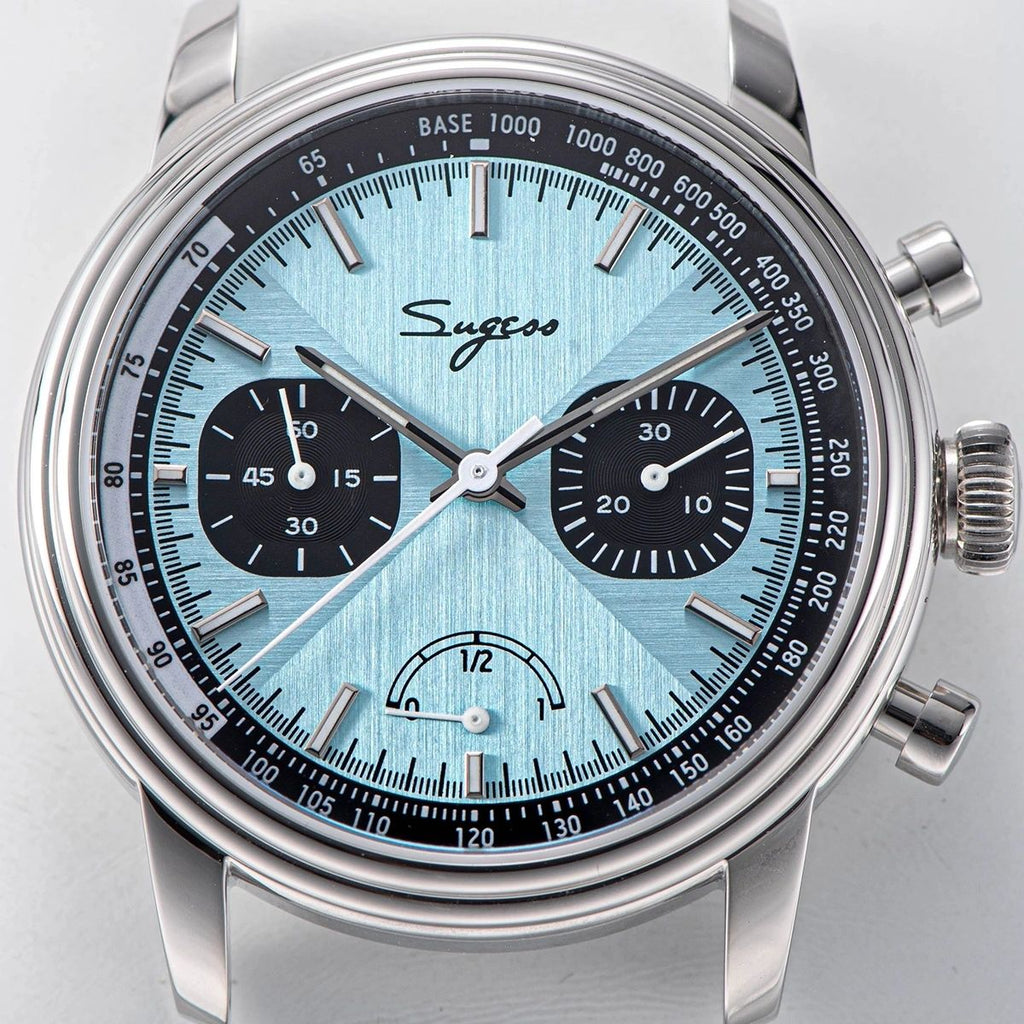 Sugess S438 ice blue dial macro, black sub-dials, cross-hair centre, tachymeter and power reserve, close-up