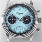 Sugess S438 ice blue dial macro, black sub-dials, cross-hair centre, tachymeter and power reserve, close-up