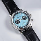 Sugess S438 hand-wind chronograph 41mm, ice blue dial, black sub-dials, brown perforated racing strap, front