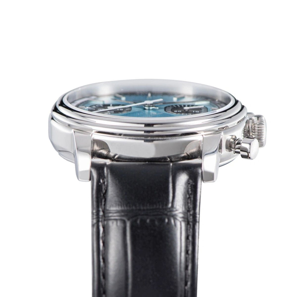 Sugess S438 ice blue chronograph side profile with pump pushers and crown, black leather strap