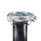 Sugess S438 ice blue chronograph side profile with pump pushers and crown, black leather strap