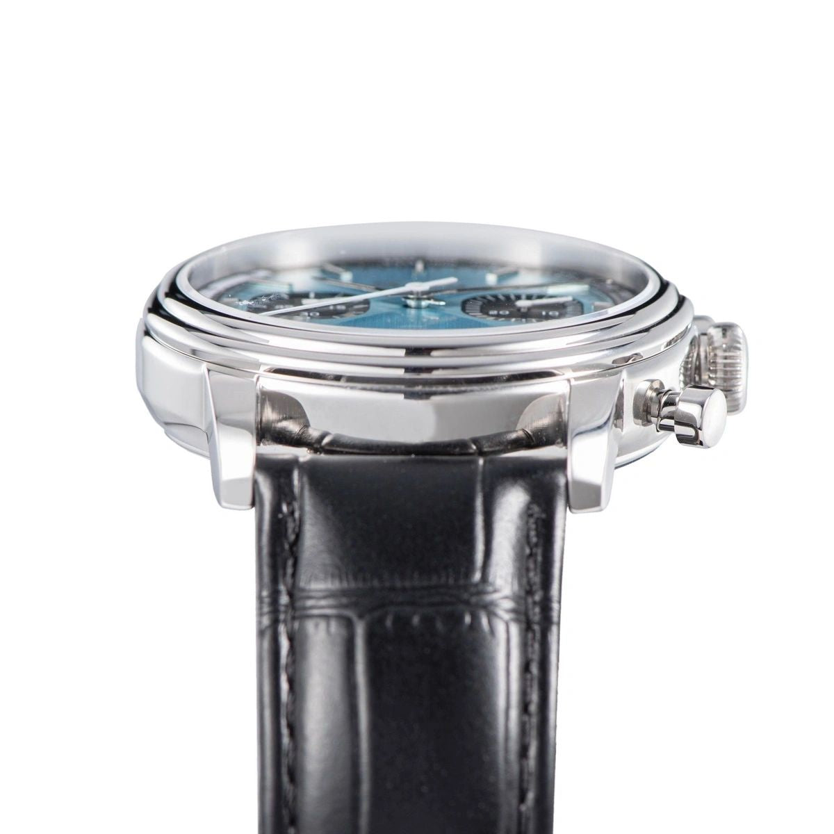Sugess S438 ice blue chronograph side profile with pump pushers and crown, black leather strap