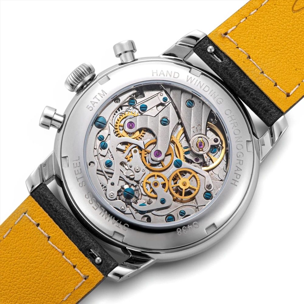 Sugess S438 exhibition caseback, hand-winding chronograph movement, 316L stainless steel, 5ATM, yellow strap