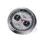 Sugess S438 silver panda chronograph, black sub-dials, black leather strap, angled view on blue tray