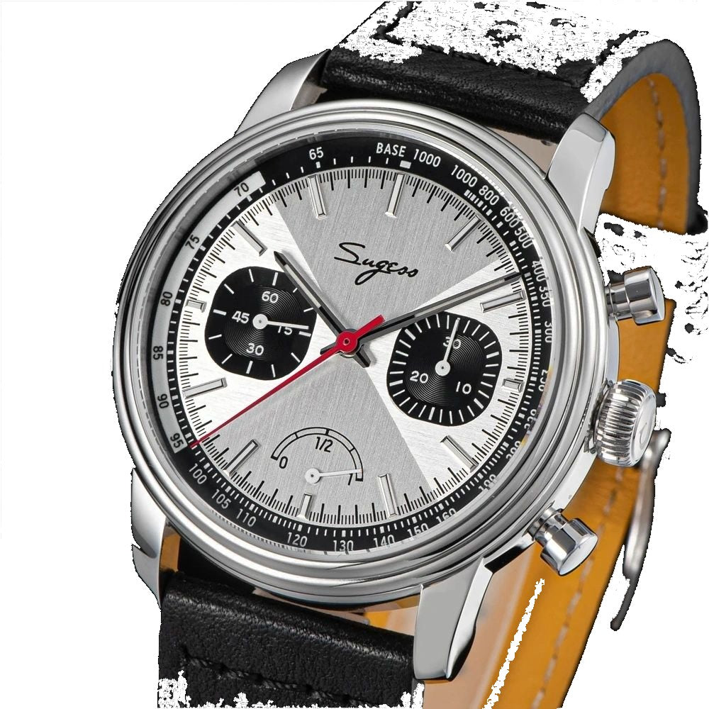 Sugess S438 silver panda chronograph, black sub-dials, red chrono hand, black leather strap, angled view