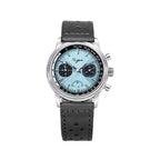 Sugess S438 silver panda chronograph, black sub-dials, racing strap, three-quarter angled view on dark