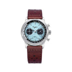 Sugess S438 silver panda chronograph, black sub-dials, red chrono hand, racing strap, front on blue tray
