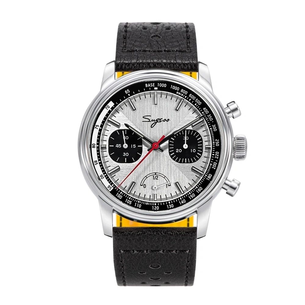 Sugess S438 hand-wind chronograph 41mm, silver panda dial, black sub-dials, red chrono hand, racing strap, front