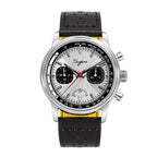 Sugess S438 hand-wind chronograph 41mm, silver panda dial, black sub-dials, red chrono hand, racing strap, front