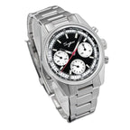 Sugess S442 black panda chronograph, white sub-dials, steel bracelet, angled product view on dark textured surface
