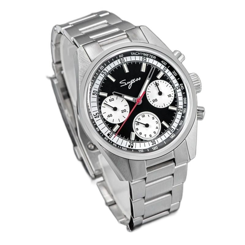 Sugess S442 black panda chronograph, white sub-dials, steel bracelet, angled product view on dark textured surface