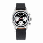 Sugess S442 automatic chronograph 38mm, black panda dial, white sub-dials, black leather strap, front view