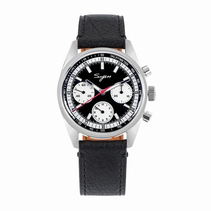 Sugess S442 automatic chronograph 38mm, black panda dial, white sub-dials, black leather strap, front view