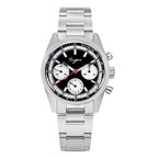 Sugess S442 automatic chronograph 38mm, black panda dial, white sub-dials, red chrono hand, steel bracelet, front view