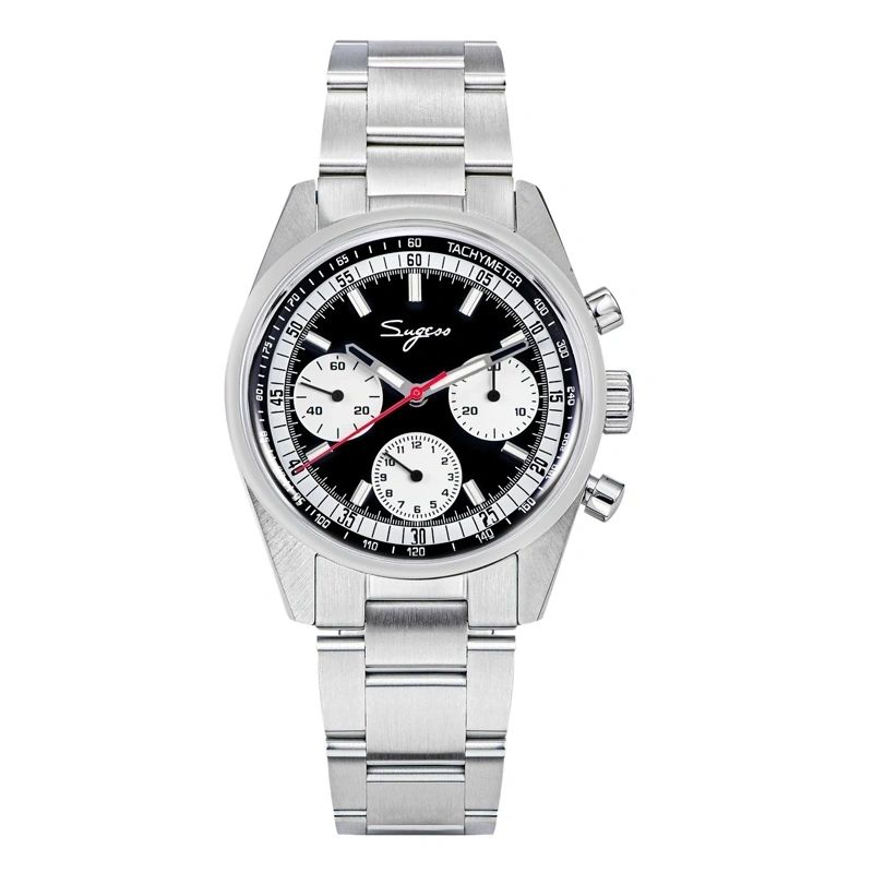 Sugess S442 automatic chronograph 38mm, black panda dial, white sub-dials, red chrono hand, steel bracelet, front view