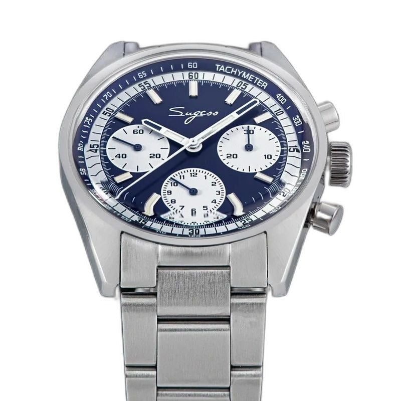 Sugess S442 blue panda chronograph, white sub-dials, steel bracelet, angled view resting on a blue box