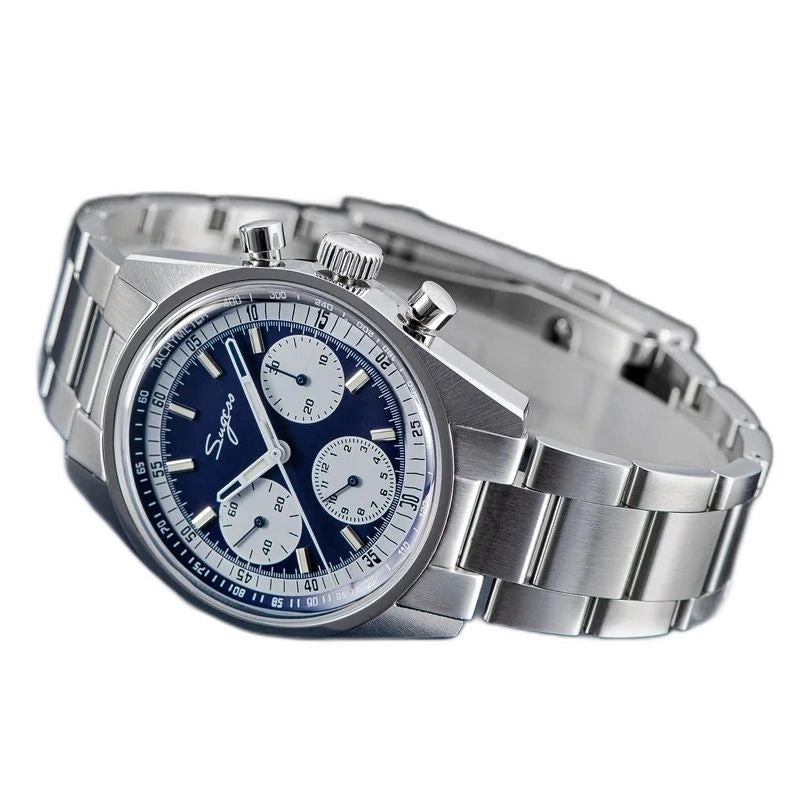 Sugess S442 blue panda chronograph, white sub-dials, steel bracelet, angled product view on dark background