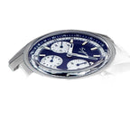 Sugess S442 blue panda chronograph, white sub-dials, steel bracelet, three-quarter angled studio view