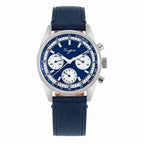 Sugess S442 blue panda chronograph, white sub-dials, steel bracelet, three-quarter angled view on dark surface