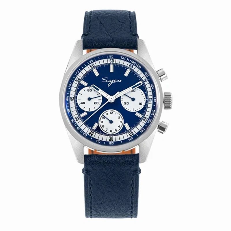 Sugess S442 blue panda chronograph, white sub-dials, steel bracelet, three-quarter angled view on dark surface