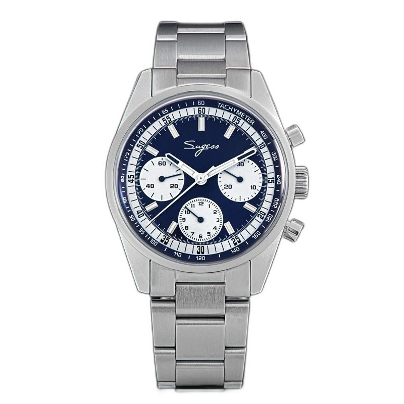 Sugess S442 automatic chronograph 38mm, blue panda dial, white sub-dials, steel case, tachymeter, steel bracelet, front