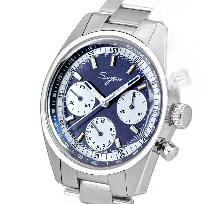Sugess S442 blue panda chronograph side profile, pump pushers and S crown, steel bracelet, on black