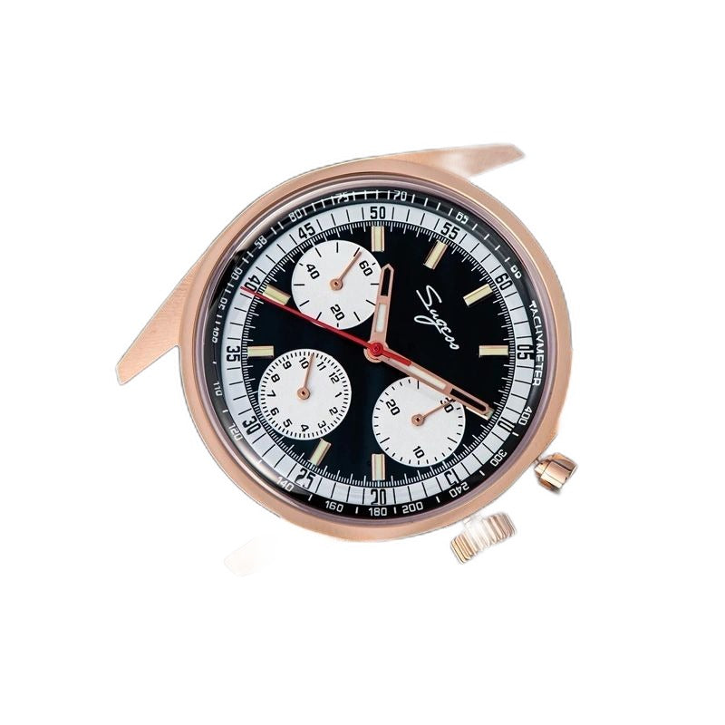 Sugess S442 black dial chronograph, rose gold case, white sub-dials, S crown, brown leather strap, dramatic angle