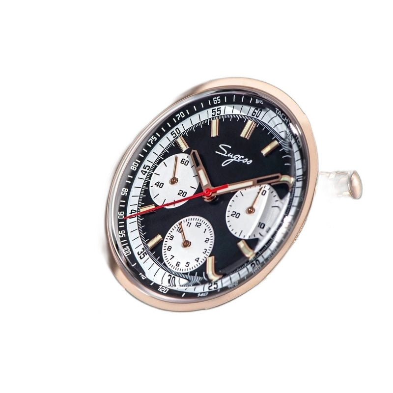 Sugess S442 black dial chronograph, rose gold case, white sub-dials, brown leather strap, top-down angled view