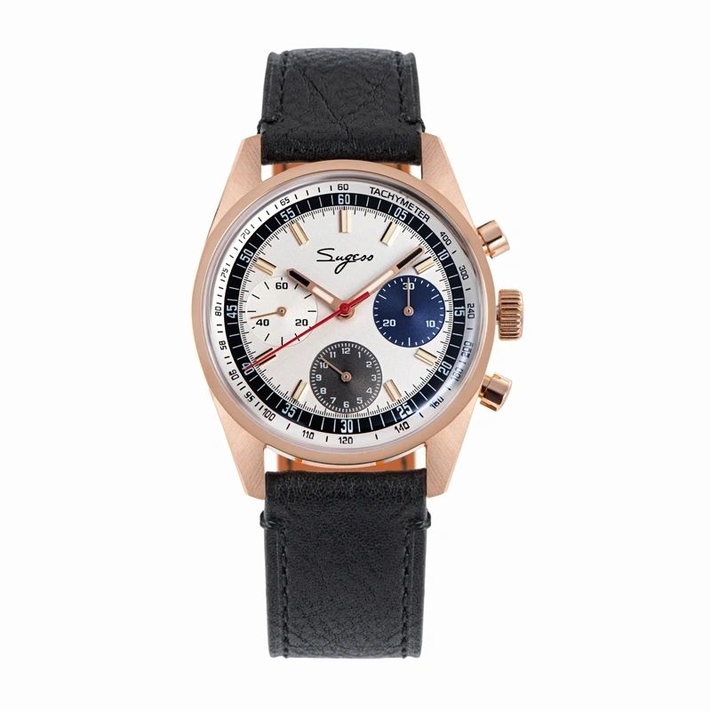 Sugess S442 black dial chronograph, rose gold case, white sub-dials, brown leather strap, three-quarter angled view
