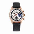 Sugess S442 black dial chronograph, rose gold case, white sub-dials, brown leather strap, three-quarter angled view