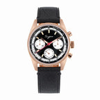 Sugess S442 automatic chronograph 38mm, black dial, rose gold case, white sub-dials, black leather strap, front