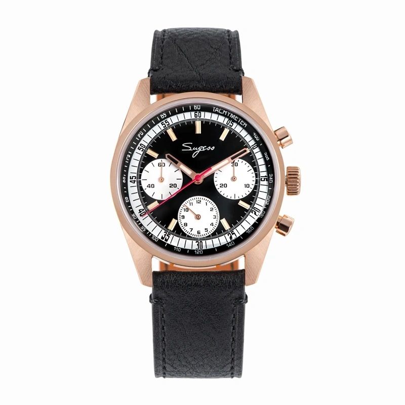 Sugess S442 automatic chronograph 38mm, black dial, rose gold case, white sub-dials, black leather strap, front