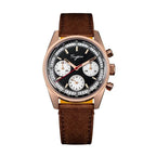 Sugess S442 automatic chronograph 38mm, black dial, rose gold case, white sub-dials, brown leather strap, front