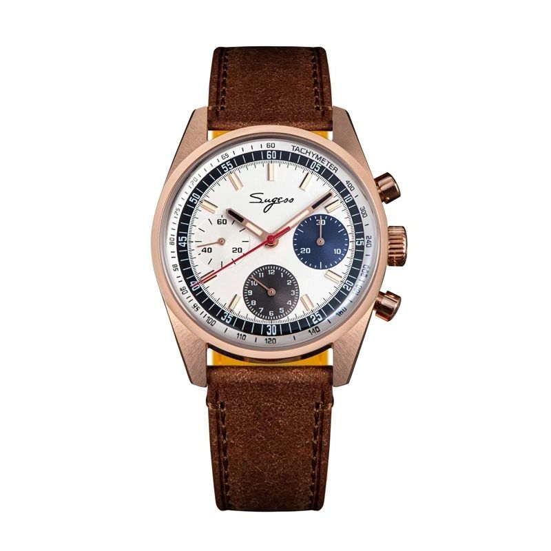 Sugess S442 automatic chronograph 38mm, silver panda dial, rose gold case, blue and black sub-dials, brown leather, front