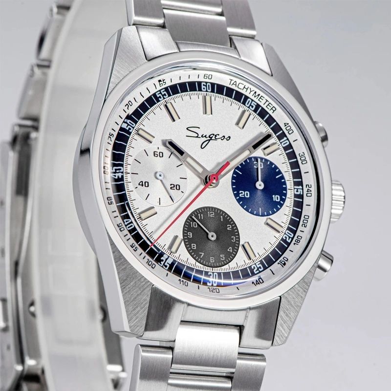 Sugess S442 silver panda chronograph, blue and black sub-dials, red chrono hand, steel bracelet, angled view