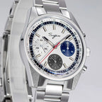 Sugess S442 silver panda chronograph, blue and black sub-dials, red chrono hand, steel bracelet, angled view