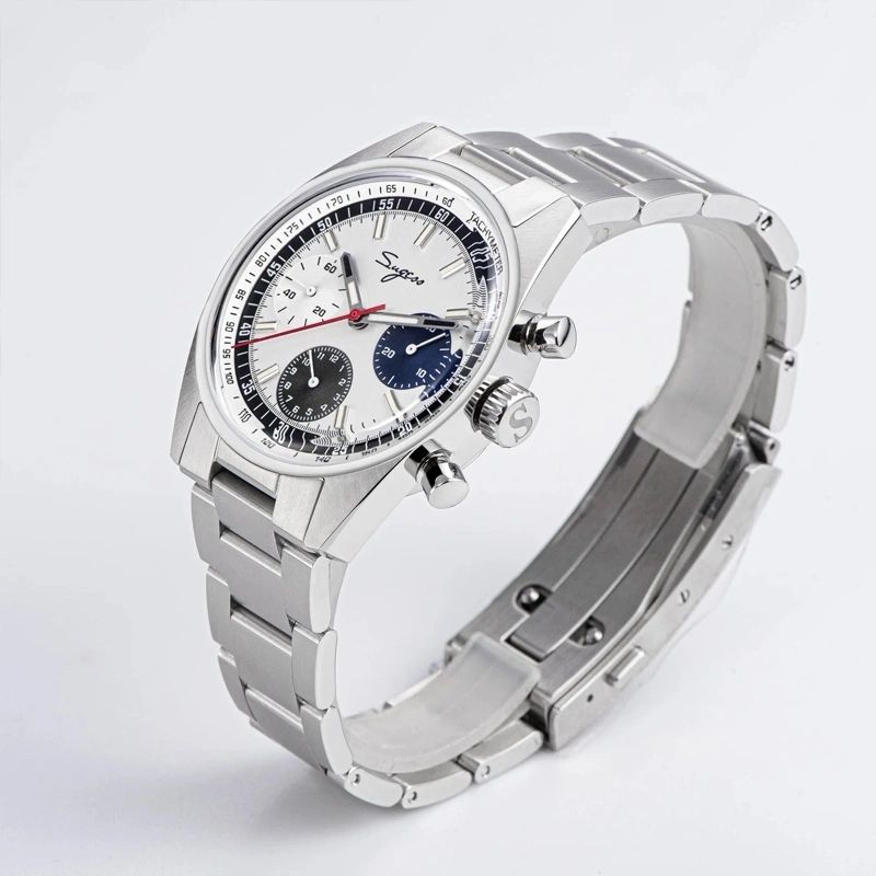 Sugess S442 silver panda chronograph, blue and black sub-dials, S-engraved crown, steel bracelet, angled view