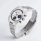 Sugess S442 silver panda chronograph, blue and black sub-dials, S-engraved crown, steel bracelet, angled view