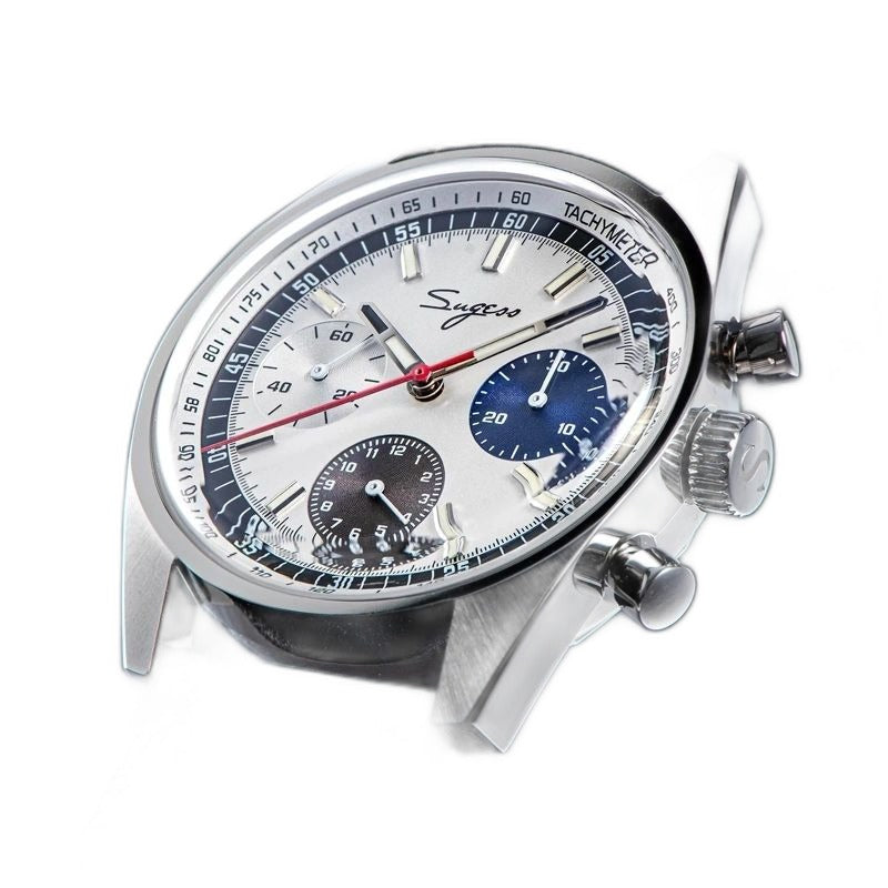 Sugess S442 silver panda chronograph, blue and black sub-dials, S crown, navy leather strap, dramatic angled view