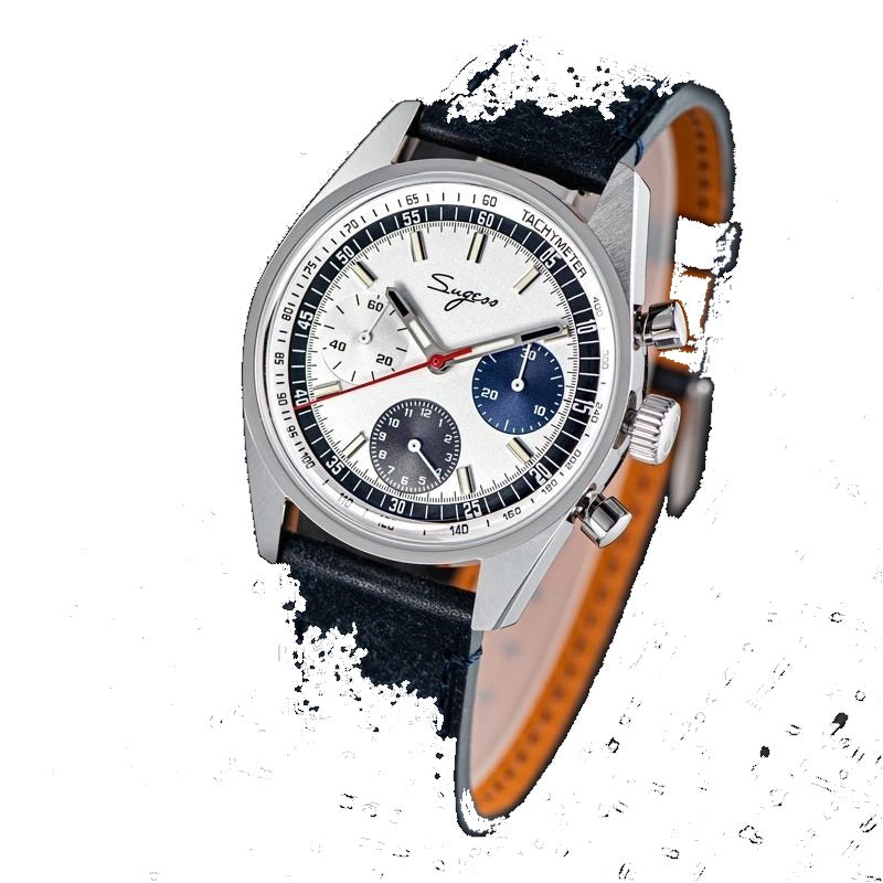 Sugess S442 silver panda chronograph, blue and black sub-dials, navy leather strap, angled view on dark background