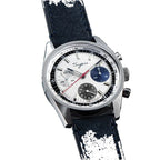 Sugess S442 silver panda chronograph, blue and black sub-dials, navy leather strap, three-quarter angled view